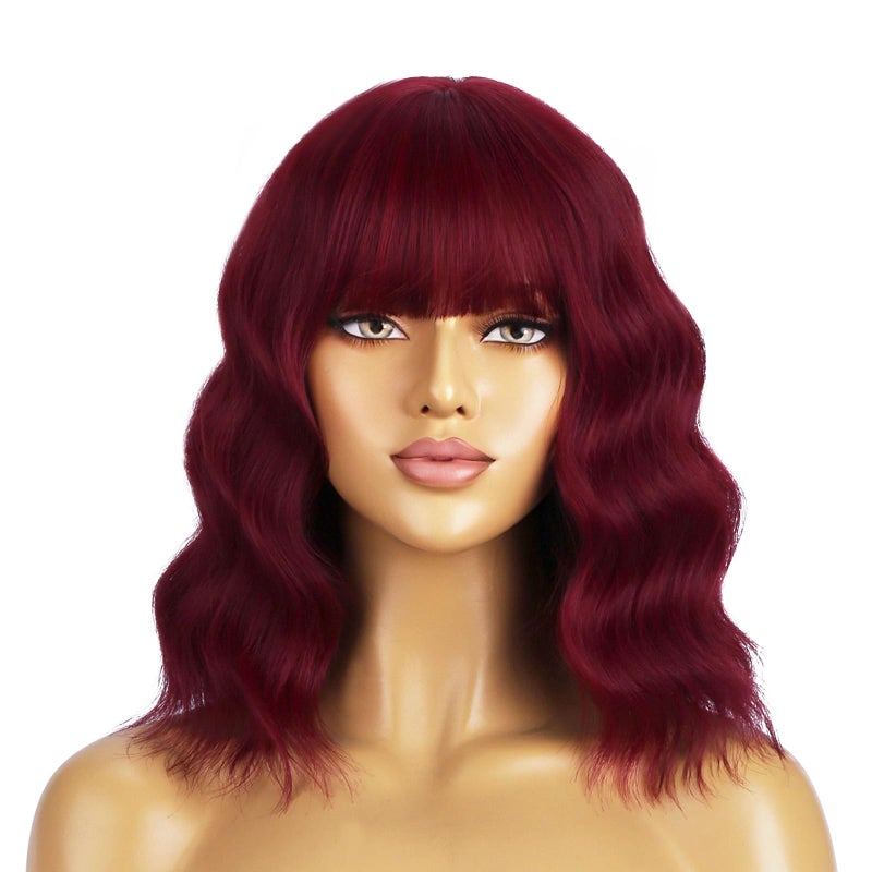 BERON 14 Inches Red Wig Short Curly Wigs Wine Red Wigs with Bangs for Women Synthetic Wig with Hairnet - Image 2